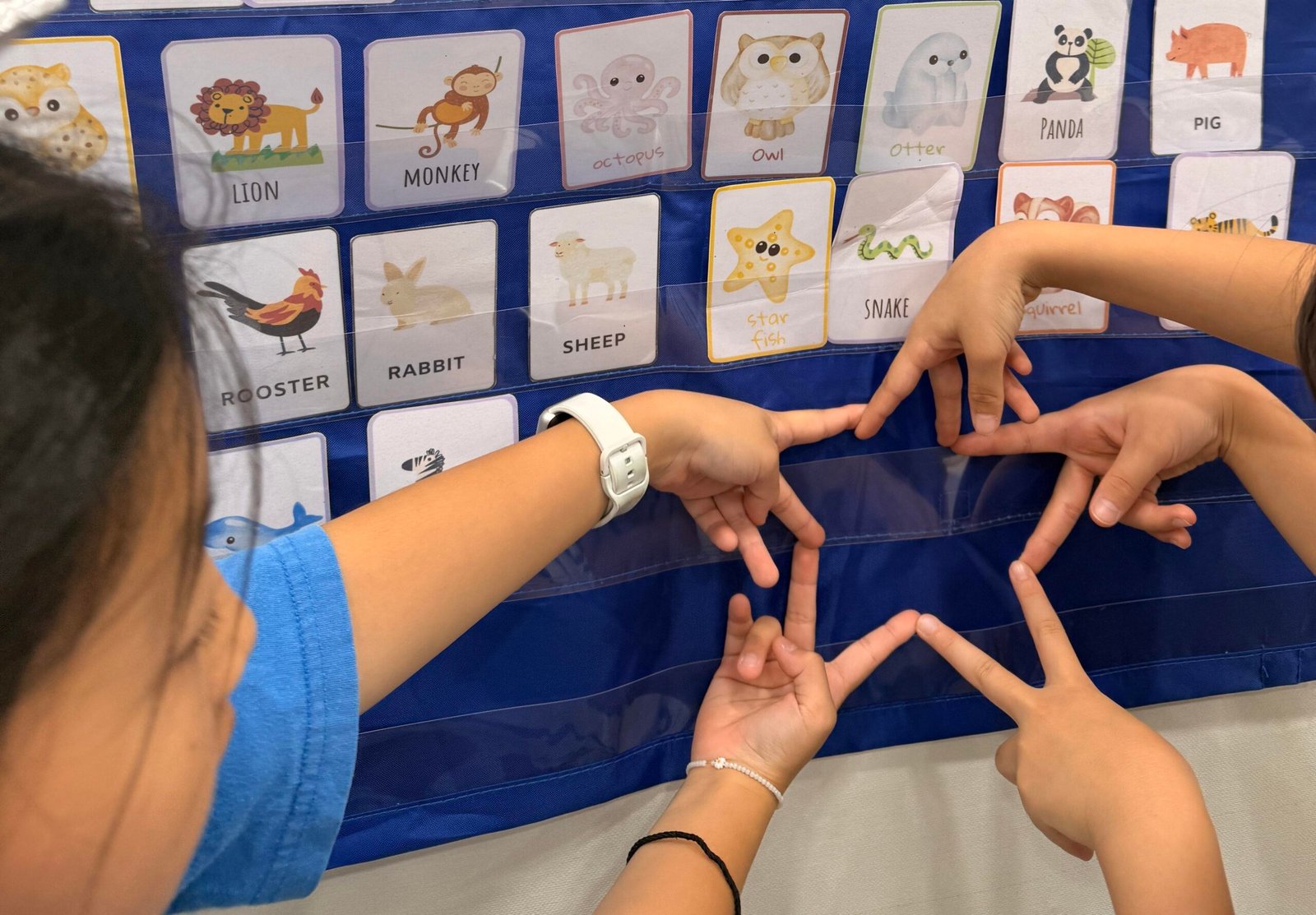 young Korean learners forming star with fingers in front of animal cards